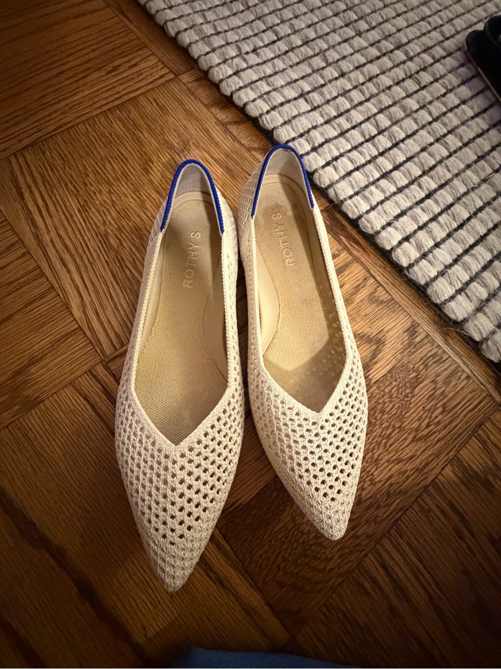 Rothy's Pointed Cream Knit Flats with Blue Heel Trim